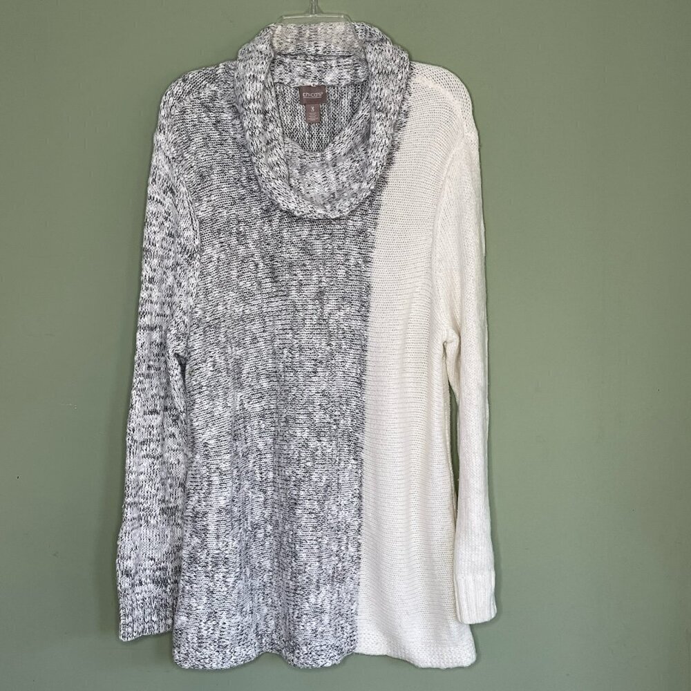 Chicos 3 Tunic Sweater XL Cowl Neck Chunky Knit Gray White Colorblock